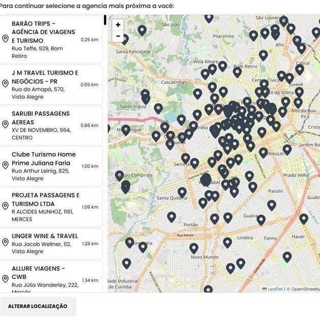 Ao finalizar um orçamento, o cliente terá acesso aos agentes de viagens mais próximos à localização dele