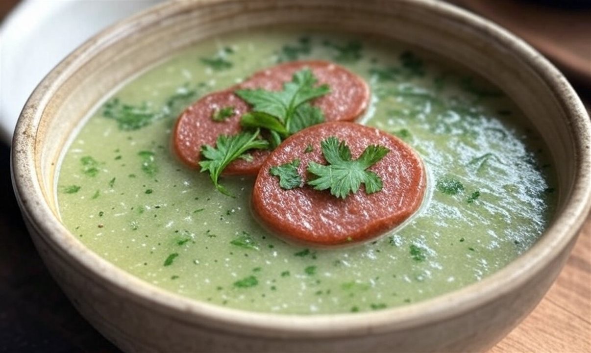 O Caldo Verde é feito com couve, batata, azeite, alho e linguiça