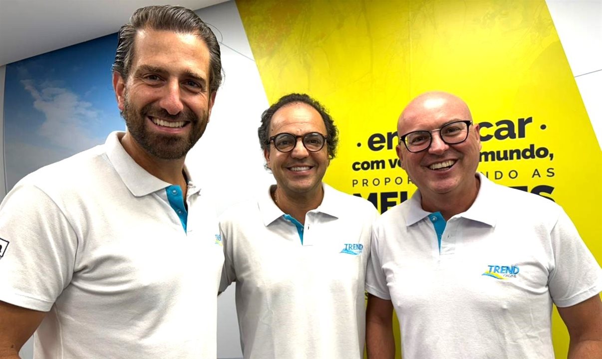 Bruno Heleno, diretor da Trend, Fabio Godinho, CEO da CVC Corp, e Fabio Mader, VP de Produtos e Revenue Management da CVC Corp