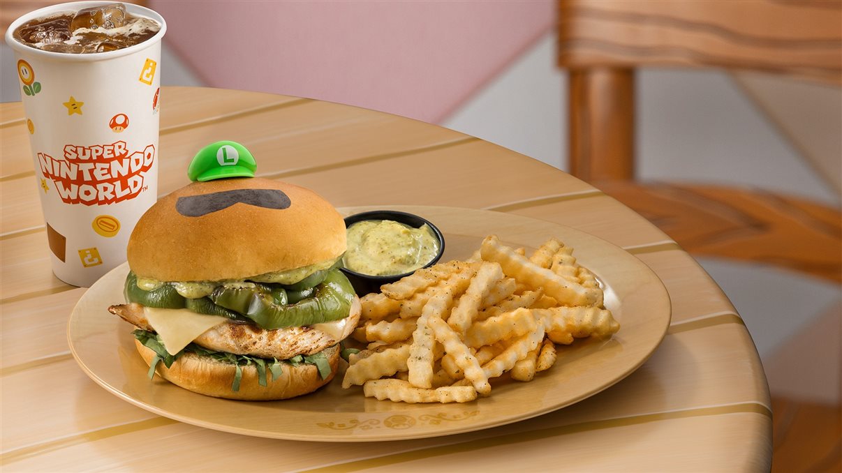 Luigi Burger (Pesto Grilled Chicken), disponível no Toadstool Cafe