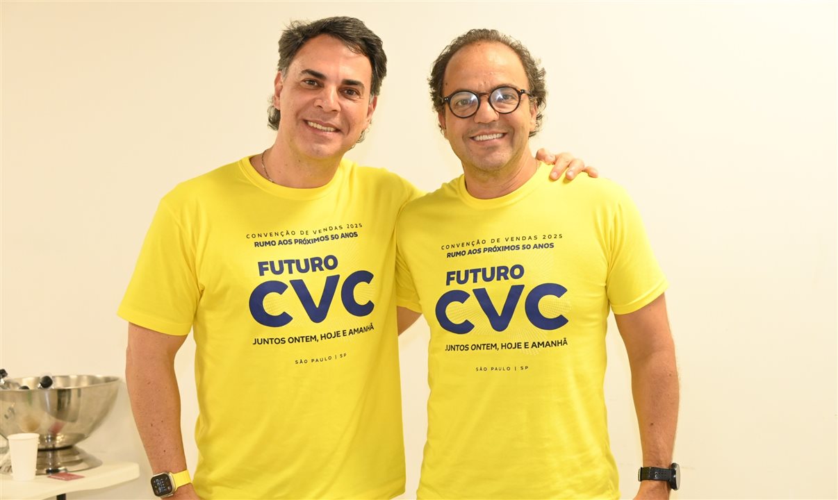 Emerson Belan e Fabio Godinho, da CVC Corp, esperam vocês no happy hour by CVC no Fórum PANROTAS 2025