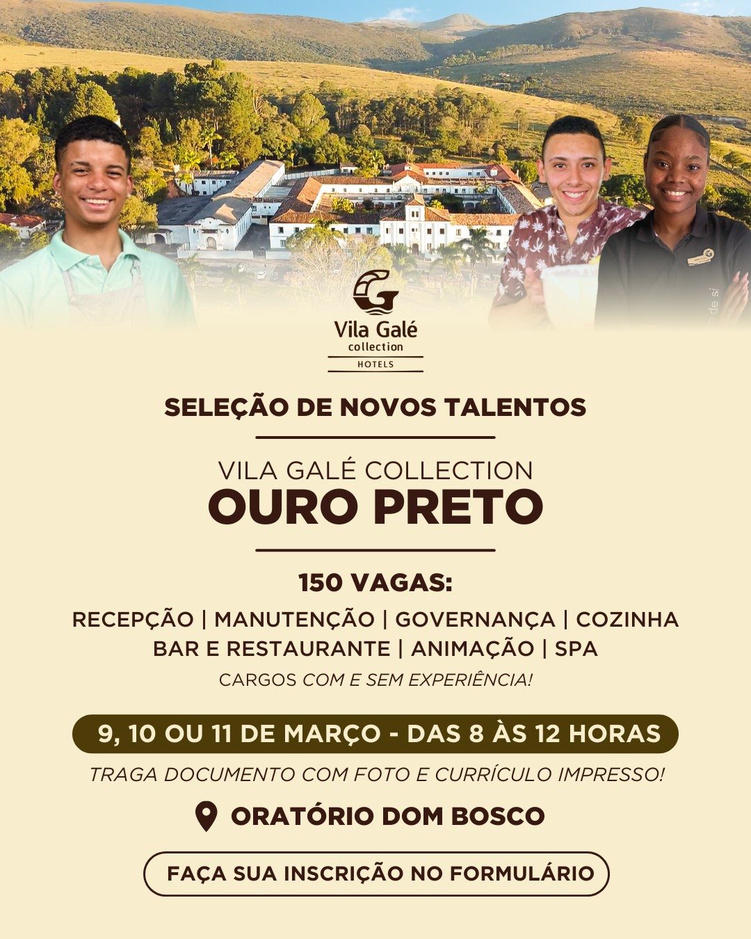 Na ação, que será realizada em conjunto com a Prefeitura de Ouro Preto, os participantes podem optar por participar do processo seletivo no dia 9, 10 ou 11 de março, das 8h às 12h