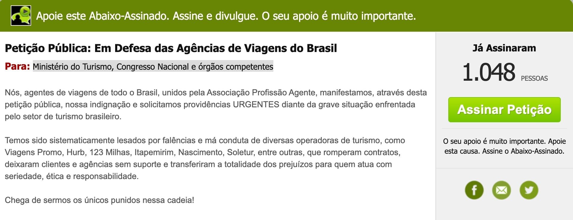 Mais de mil assinaturas já foram coletadas até o momento da públicação