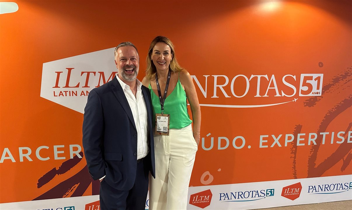 Simon Mayle, da ILTM, com sua ex-colega de Reed Exhibitions Luciane Leite