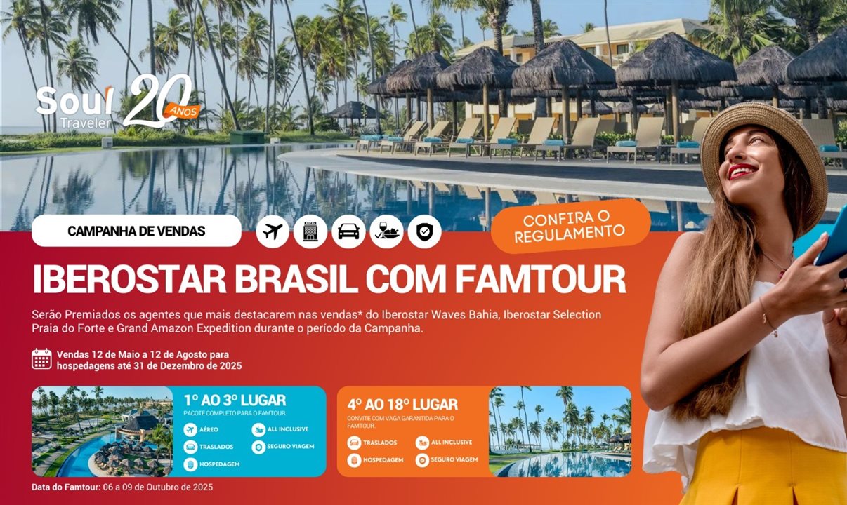 Serão premiados com pacotes completos os três agentes que mais venderem os hotéis Iberostar Waves Bahia, Iberostar Selection Praia do Forte e Grand Amazon Expedition