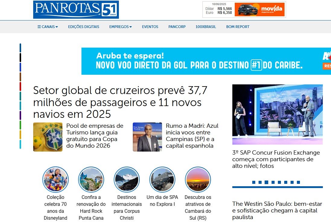 Home do Portal PANROTAS no dia 10 de junho de 2025
