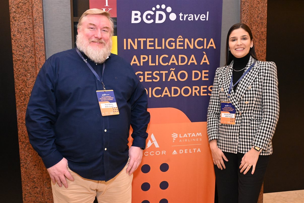 Luana Nogueira, da Alagev, e Marcos Marques, da BCD Travel