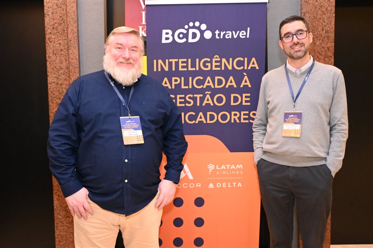 Luana Nogueira, da Alagev, e Marcos Marques, da BCD Travel