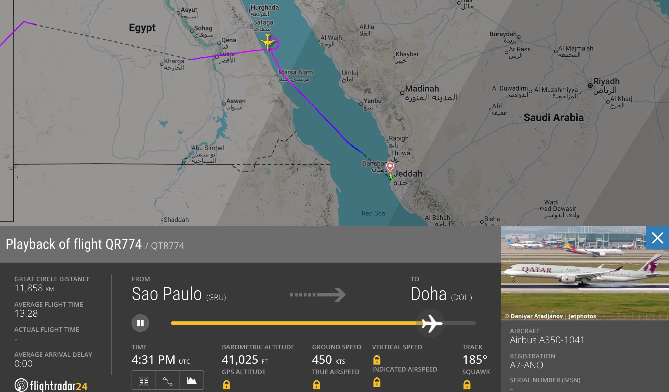 Voo que iria de São Paulo para Doha foi obrigado a desviar para Jeddah, na Arábia Saudita
