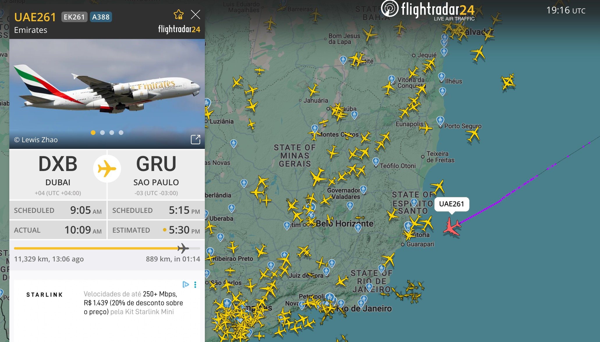 Voo da Emirates de Dubai para Guarulhos tem previsão de pousar agora às 17h30 no Brasil