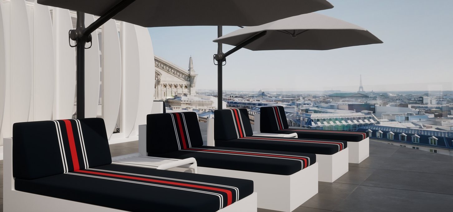 Espaço ainda conta com um salão externo com espreguiçadeiras para aproveitar a vista panorâmica que se tem a partir do terraço