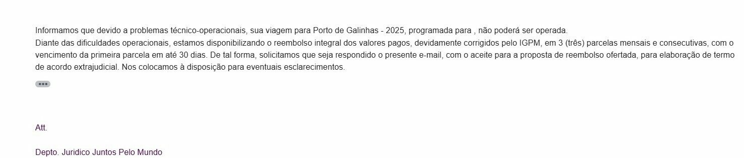 E-mail recebido por um dos agentes de viagens revela o problema técnico-operacional citado pela empresa