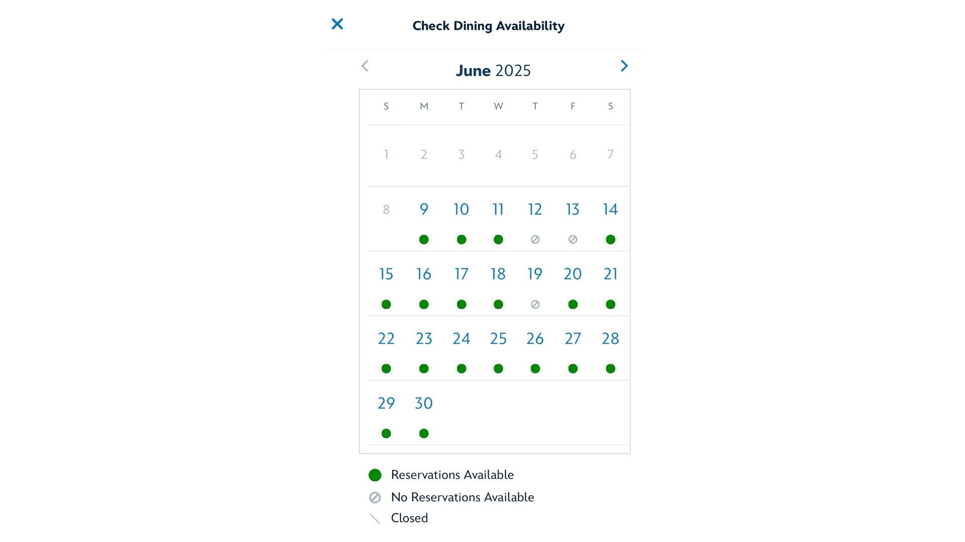 Calendário revela dias com disponibilidade de reserva para um restaurante específico