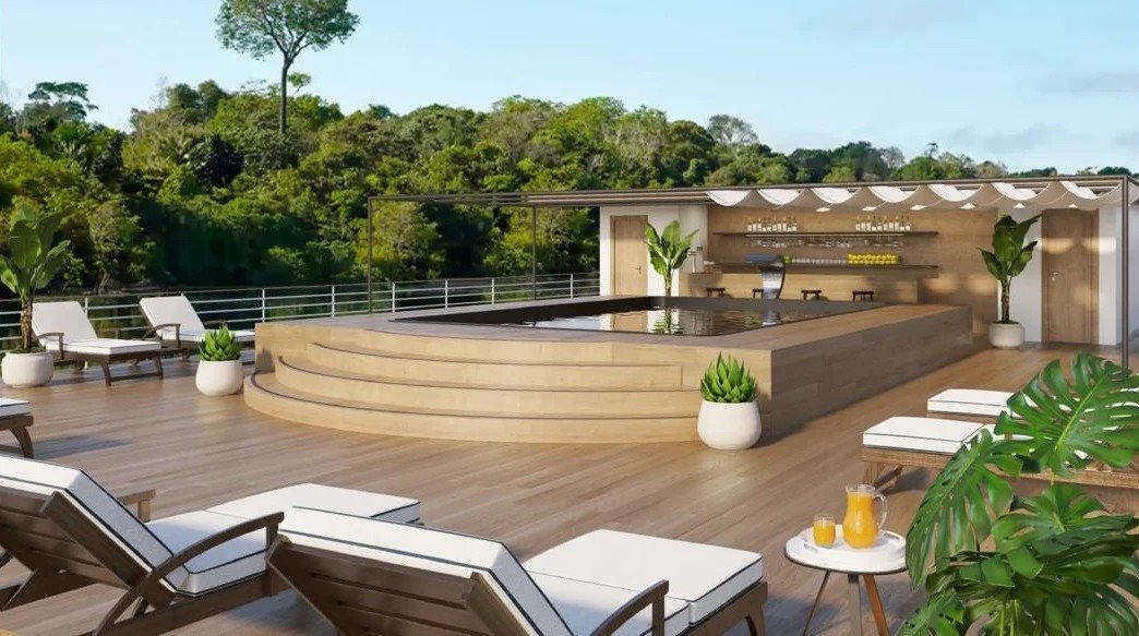 Deck superior contará com piscina, bar ao ar livre e espreguiçadeiras<br/>