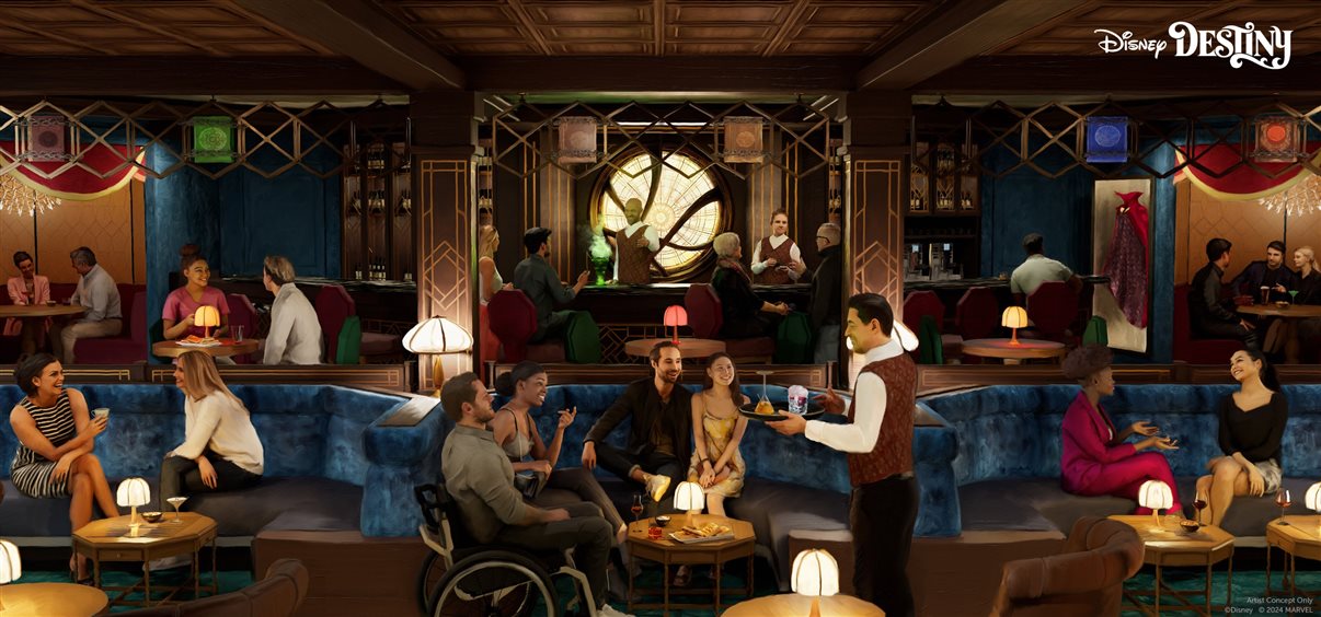 The Sanctum: lounge temático de Doutor Estranho, que funciona como espaço familiar durante o dia e bar exclusivo para adultos à noite