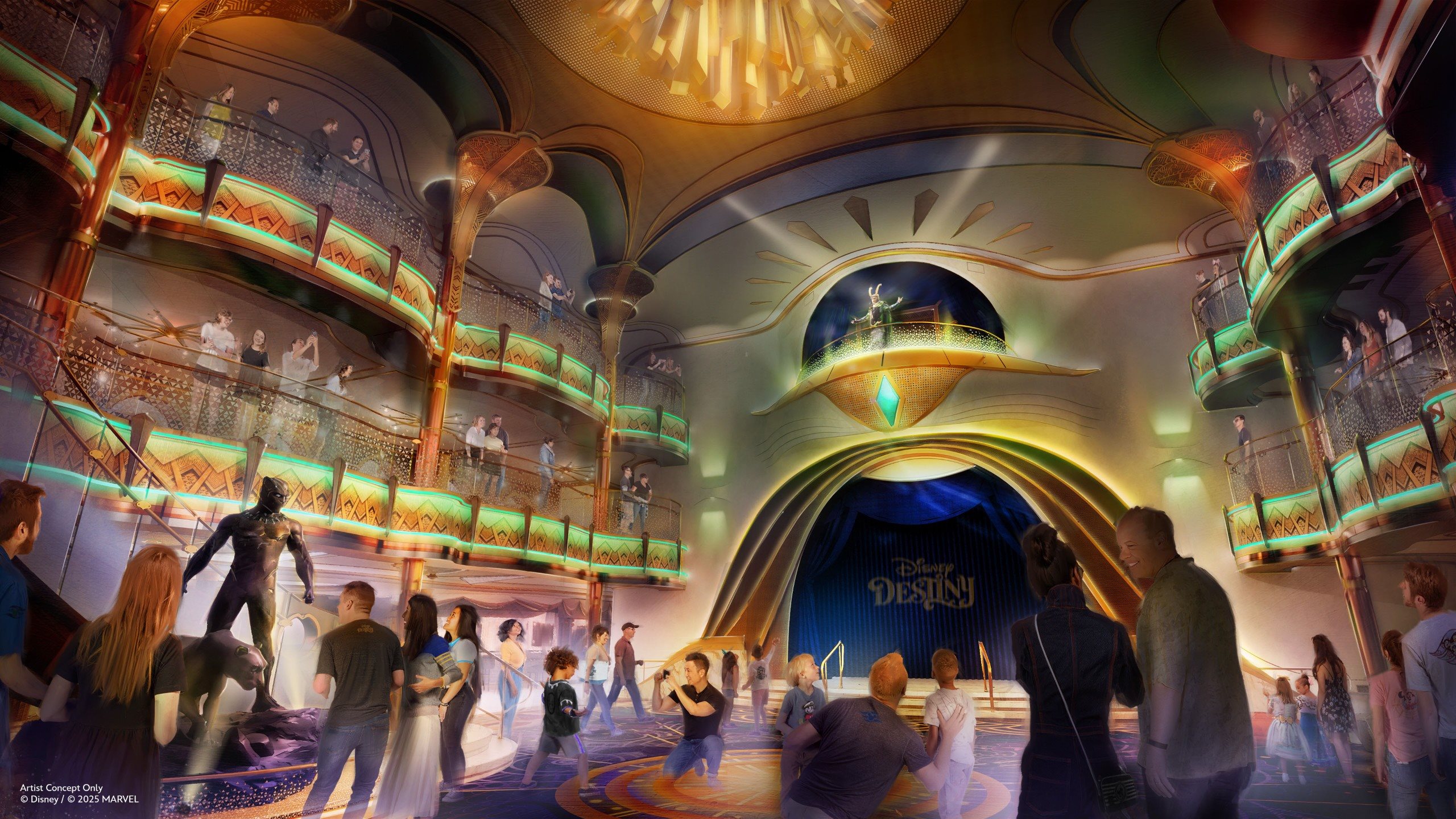 Entre os espaços mais aguardados do Disney Destiny está o Grand Hall, área central de recepção dos passageiros