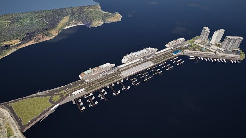 Projeção aérea do futuro terminal de cruzeiros de Santos