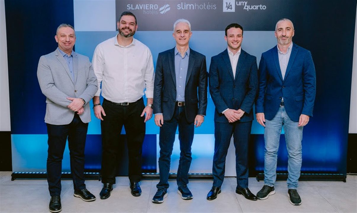 Thiago Silveira, COO; Rafael Couto, CFO; Eduardo Campos, CEO; Diego Soares, diretor de Novos Negócios, e Ricardo Nielsen, CMO da Slaviero Hospitalidade