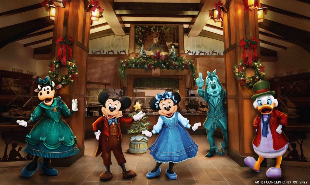 Hotéis do Disneyland Resort também entram no clima natalino, com decorações sazonais, refeições temáticas e apresentações de corais natalinos