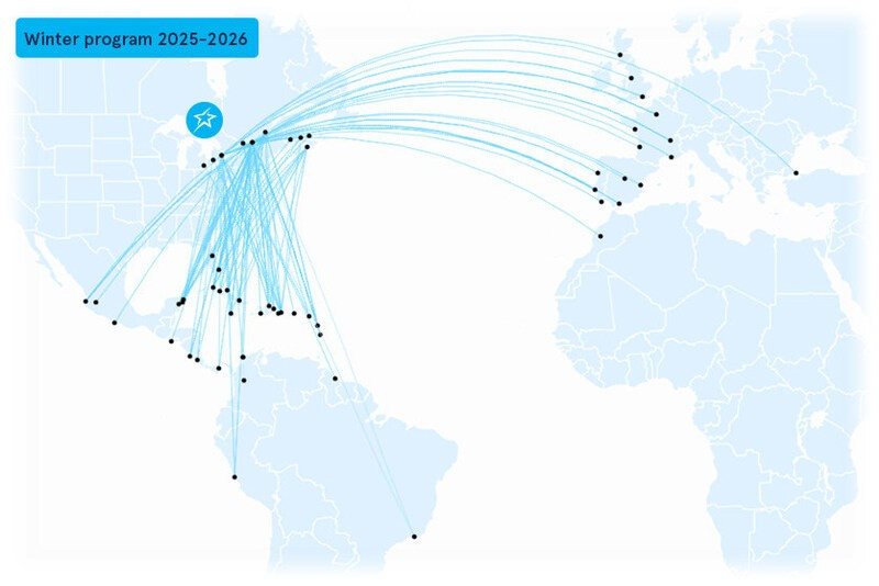 Além do Brasil, o programa de inverno 2025-2026 da Air Transat inclui ainda 14 novas rotas partindo de aeroportos canadenses