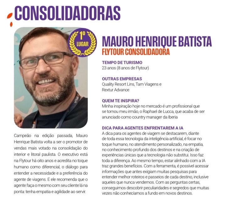 Mauro Henrique Batista está há oito anos na Flytour, dentro de um total de 23 anos dedicados ao Turismo
