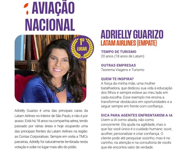 Adrielly está há 18 anos na Latam Airlines e foi uma das vencedoras na categoria