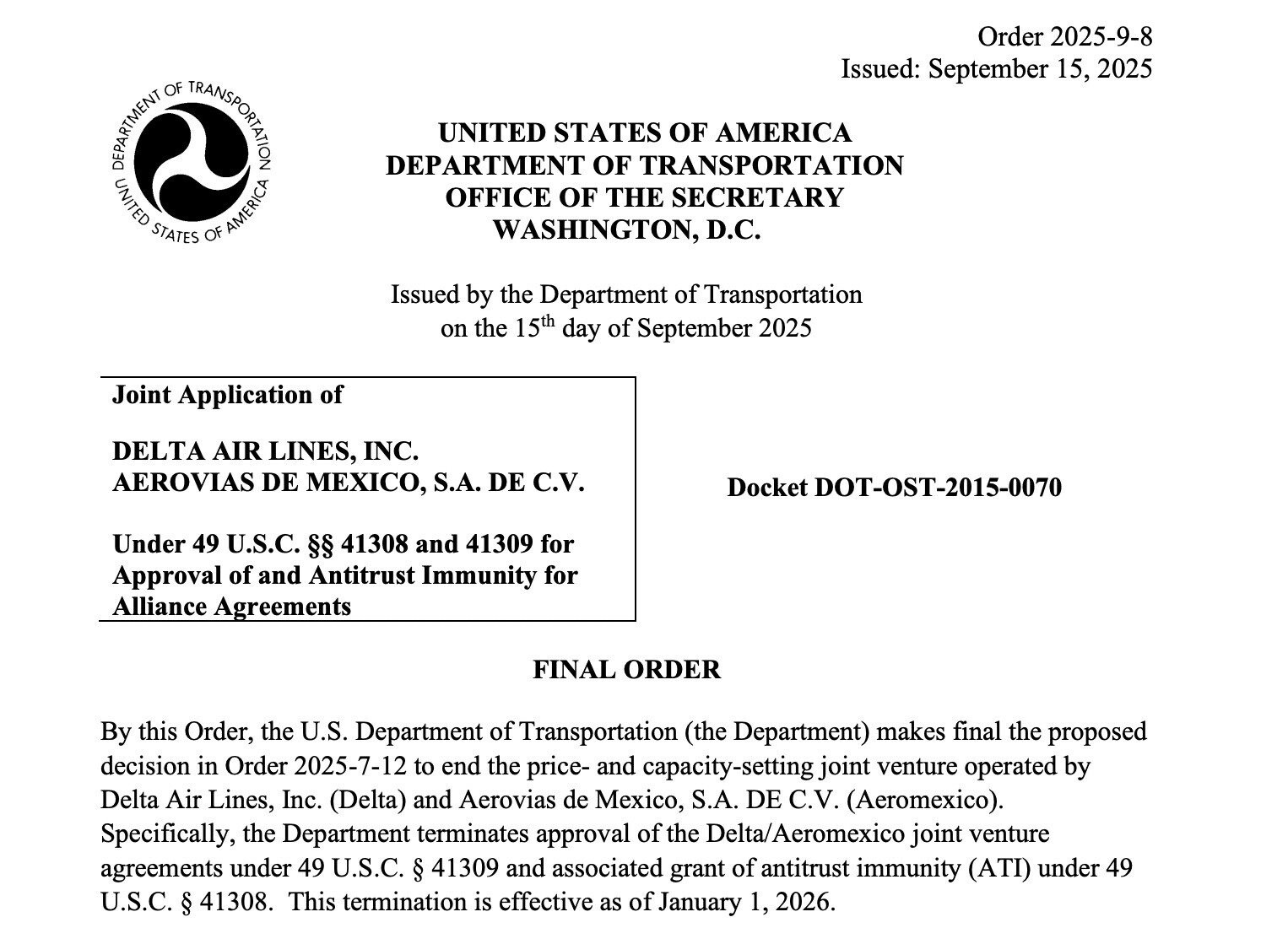 Documento emitido pelo governo americano