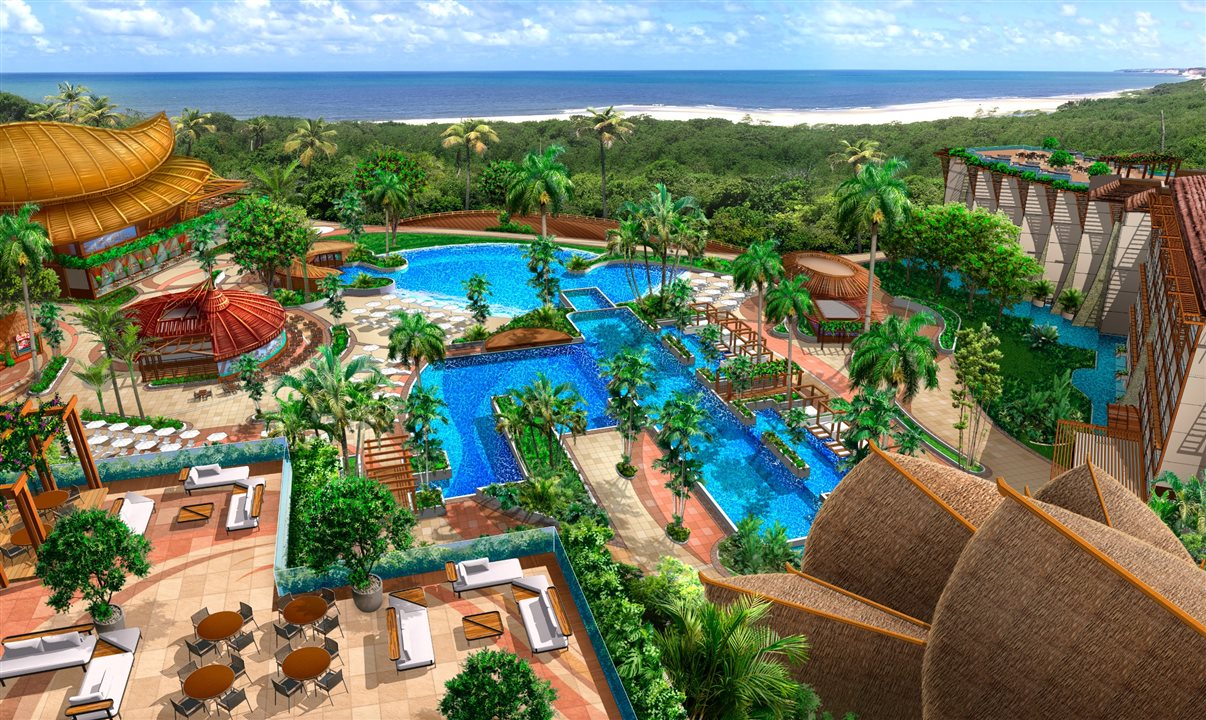 Imagem de projeção da área da piscina e recepção do novo Tauá Resort João Pessoa