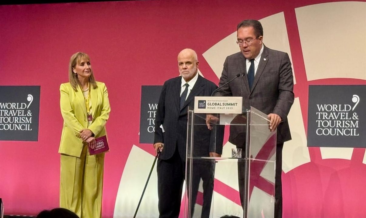 Gloria Guevara, Manfredi Lefevbre e Caio Micallef anunciam a sede do WTTC Global Summit 2026