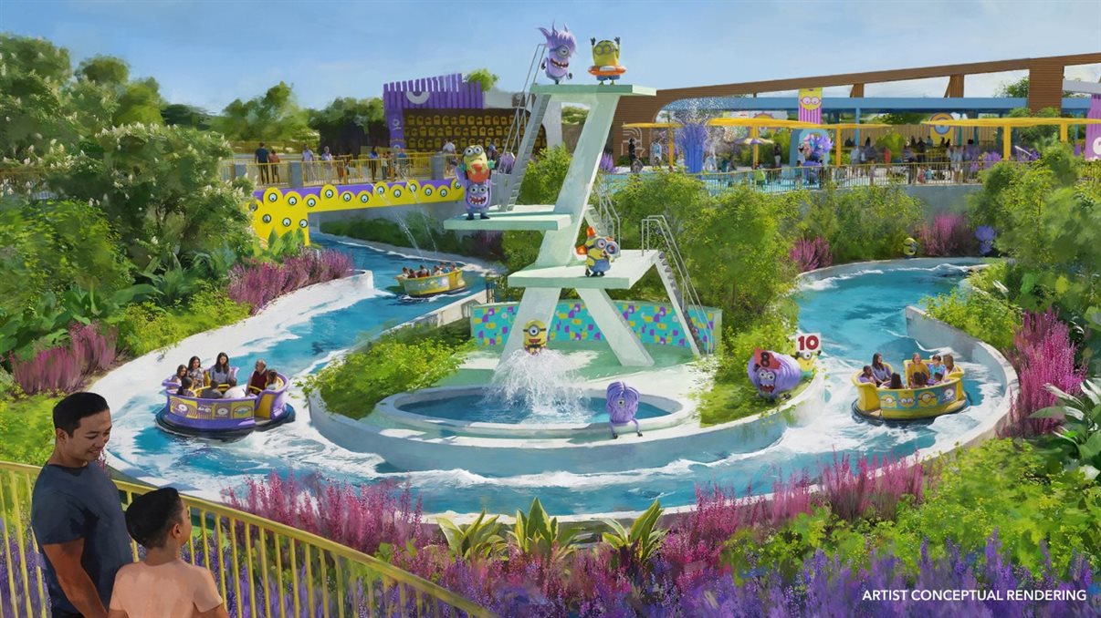 Os pequenos fãs dos Minions vão curtir o Bello Bay Club, onde Minions amarelos e roxos entram em uma divertida competição aquática
