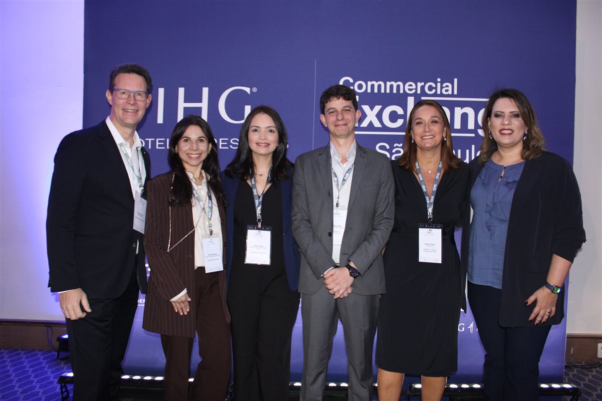 Johannes Bayer, do Intercontinental São Paulo, Anna Fernandes, do Staybridge São Paulo, Flavia Rocha, da IHG, Felipe Soares, do Holiday Inn Anhembi, Daniela Pereira, do Holiday Inn Anhembi, e Daniella Navega, do Intercontinental São Paulo