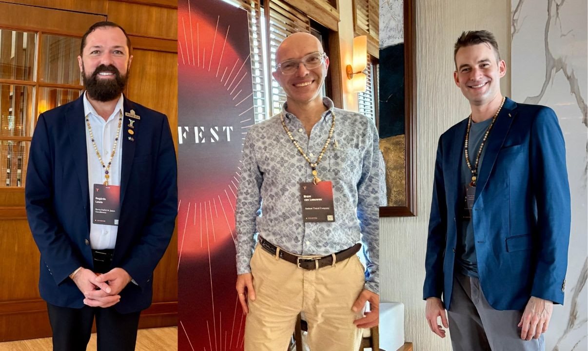 Regárdo Lewis, diretor de Vendas para a América Latina da Rovos Rail, Bram van Leeuven, diretor da Andean Travel Company & Oniric Cruises, e Jolyon Hyne, diretor de Vendas de Lazer do 1 Hotel South Beach
