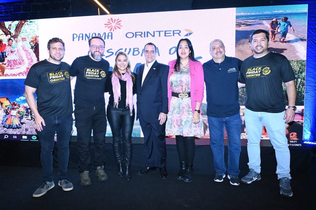 Eduardo Vansan, Roberto Sanches, Beatriz Lopes, da Copa, Demetrio Maduro e Gabriella Rodriguez, do Turismo do Panamá, Rogério Carnevale, da Copa Airlines, e Vinicius Chagas, da Orinter