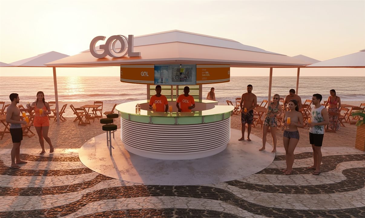 Projeção mostra como ficará o quiosque envelopado pela Gol em Copacabana