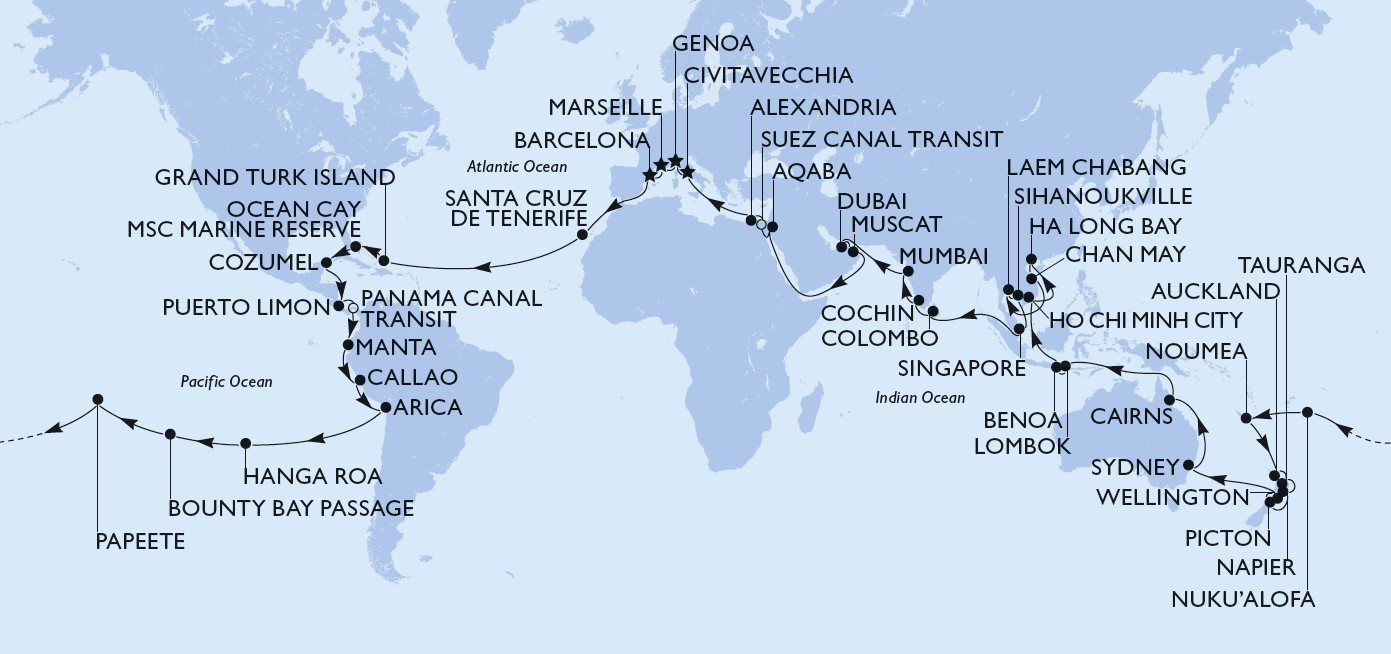 Roteiro do MSC World Cruise 2028