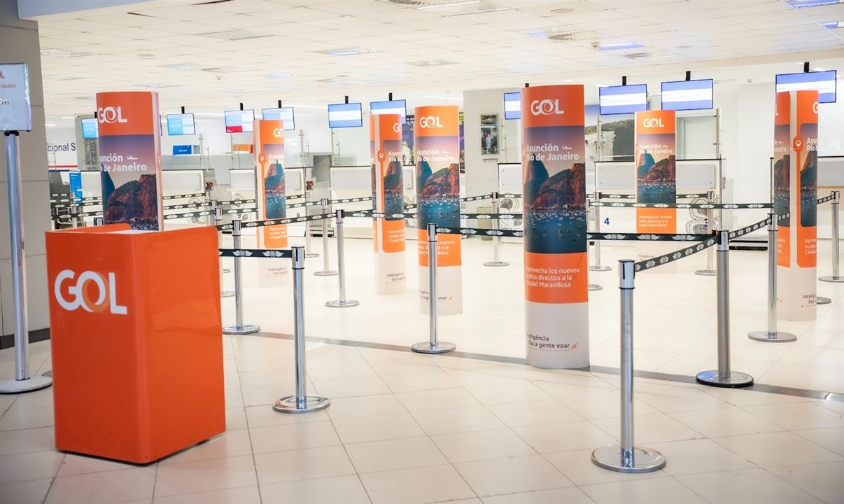 O check-in do Aeroporto Internacional Silvio Pettirossi (ASU) foi ambientado com menções à nova rota regular da Go, que liga sem escalas a capital do Paraguai, Assunção, ao Rio de Janeiro