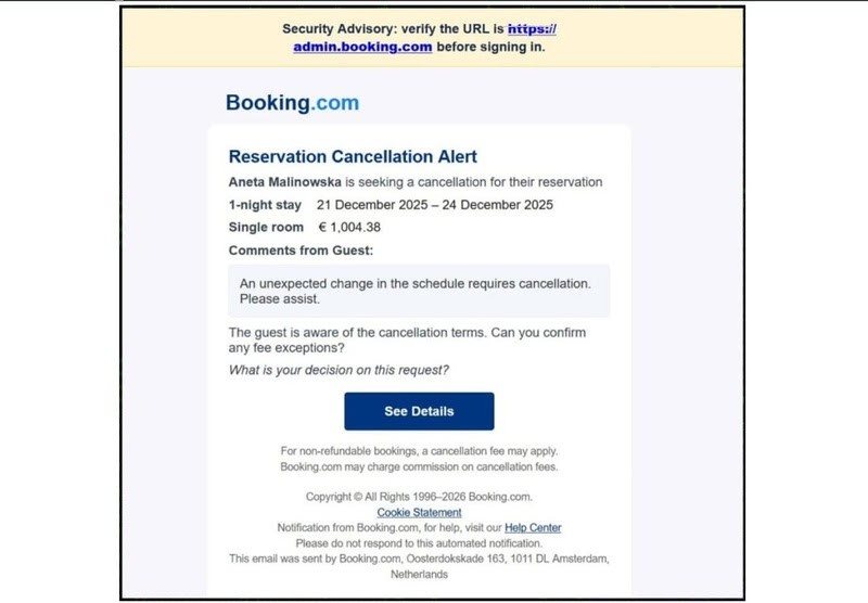E-mail falso que utiliza o nome da Booking como porta de entrada para o golpe