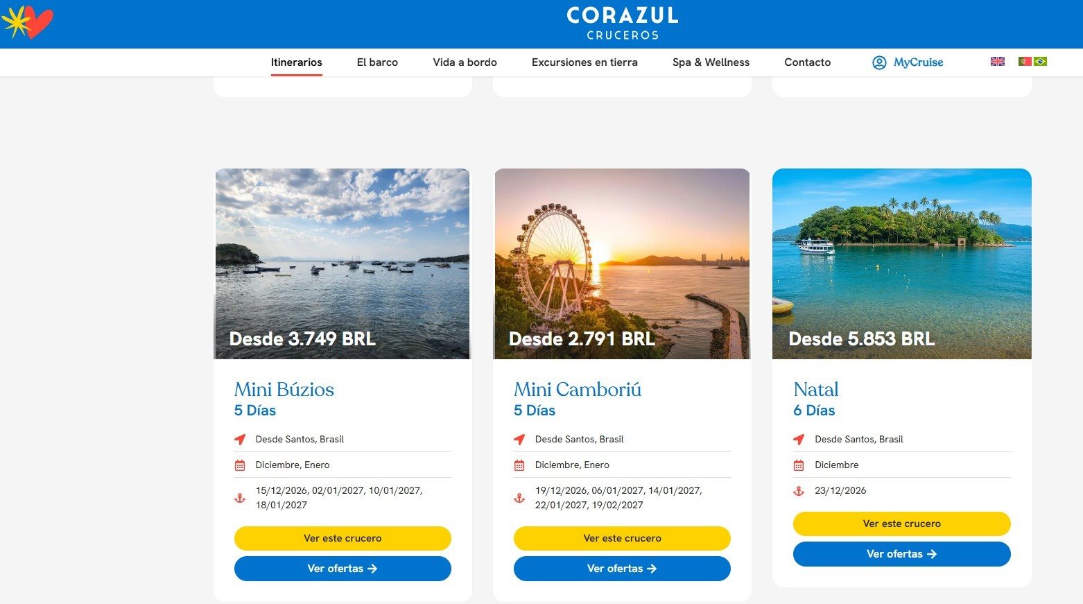 Alguns dos itinerários previstos para o Brasil. Destaque para cinco saídas no Recife e Réveillon em Copacabana