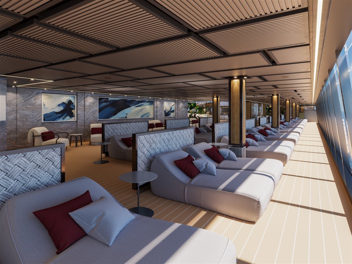 O setor de bem-estar foi concentrado no Deck 5, reunindo spa, áreas de relaxamento e fitness