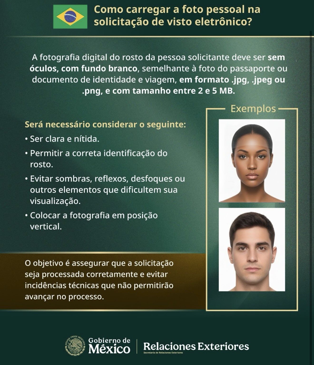 A foto precisa ser clara e nítida, permitindo a correta identificação do rosto, sem sombras, reflexos, cortes ou desfoques que dificultem a visualização