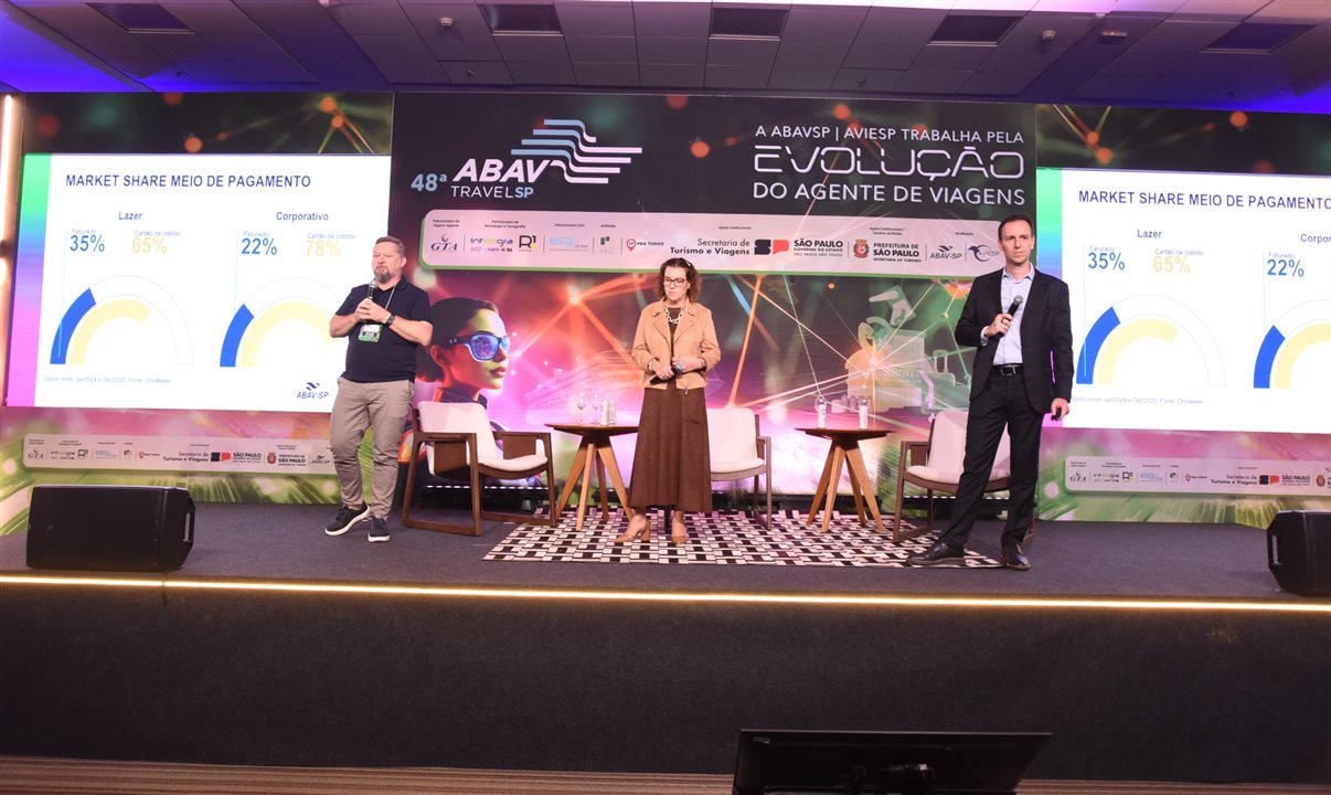 Aoron Beyer, da Benner, Patricia Thomas, da Omnibees, e Bruno Waltrick, da Abav SP | Aviesp