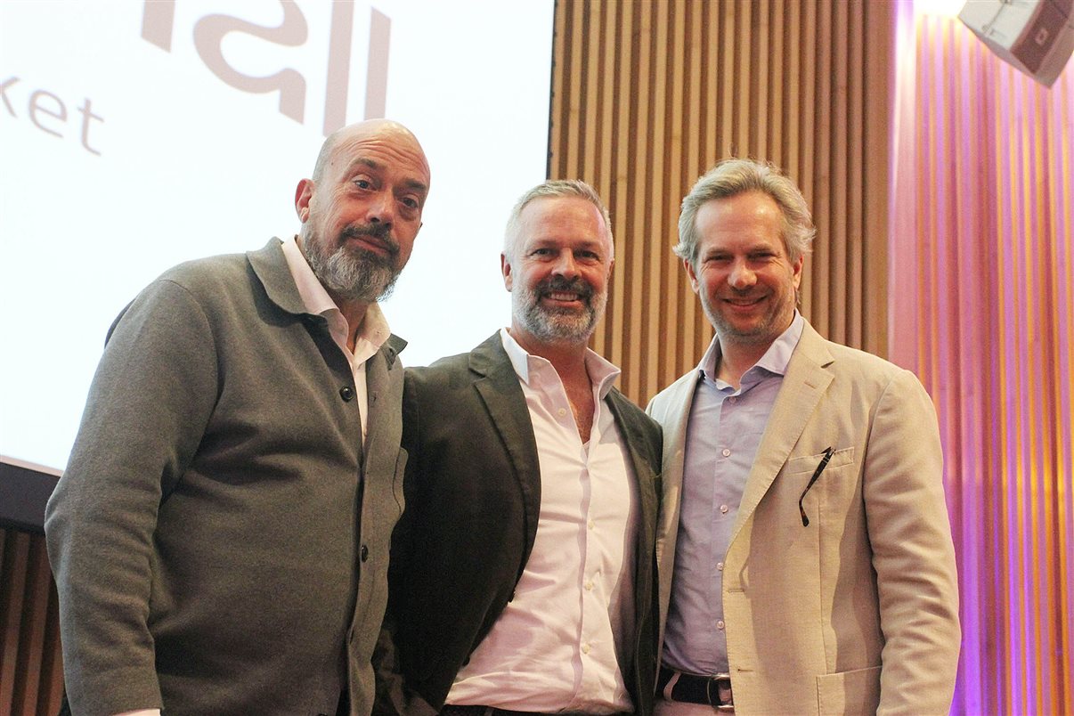 Michael Nagy, curador do TurisMall, Simon Mayle, da ILTM, e Eduardo Gaz, do TTW Group