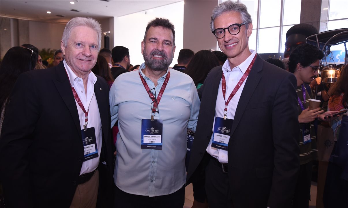 Renê Hermann, da Costa Cruzeiros, Marcelo Fachada, da Setur de Santos, e Marco Ferraz, da Clia Brasil