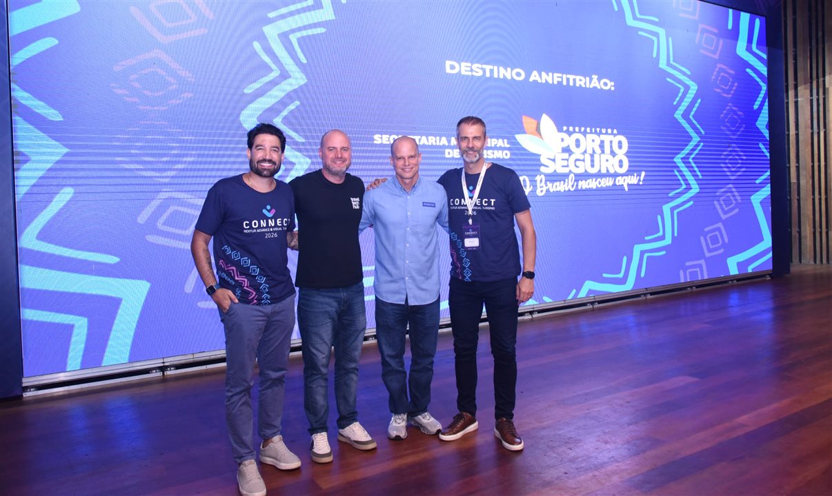 Hugo Lagares, da Visual Turismo, Alexandre Cordeiro e José Guilherme Alcorta, do Travel Tech Hub, e Marvio Mansur, da Rextur Advance