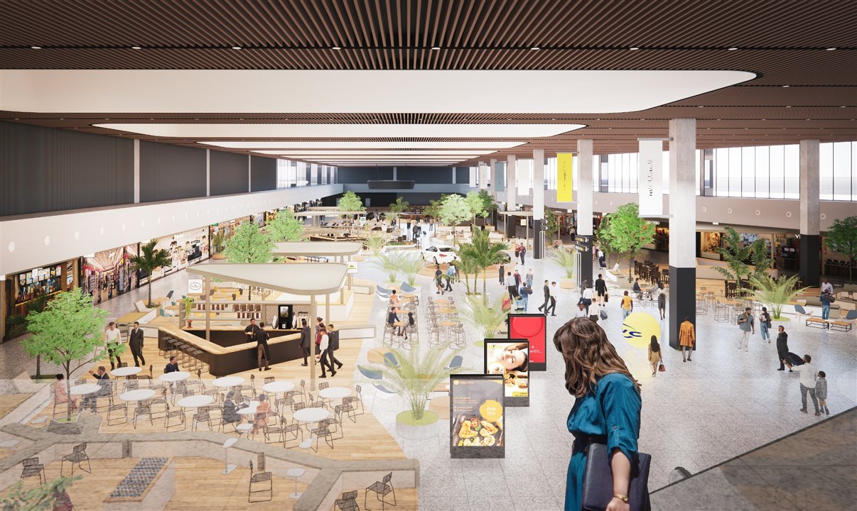 Projeção do marketplace do novo terminal de passageiros do Aeroporto de Congonhas, que será entregue em 2028