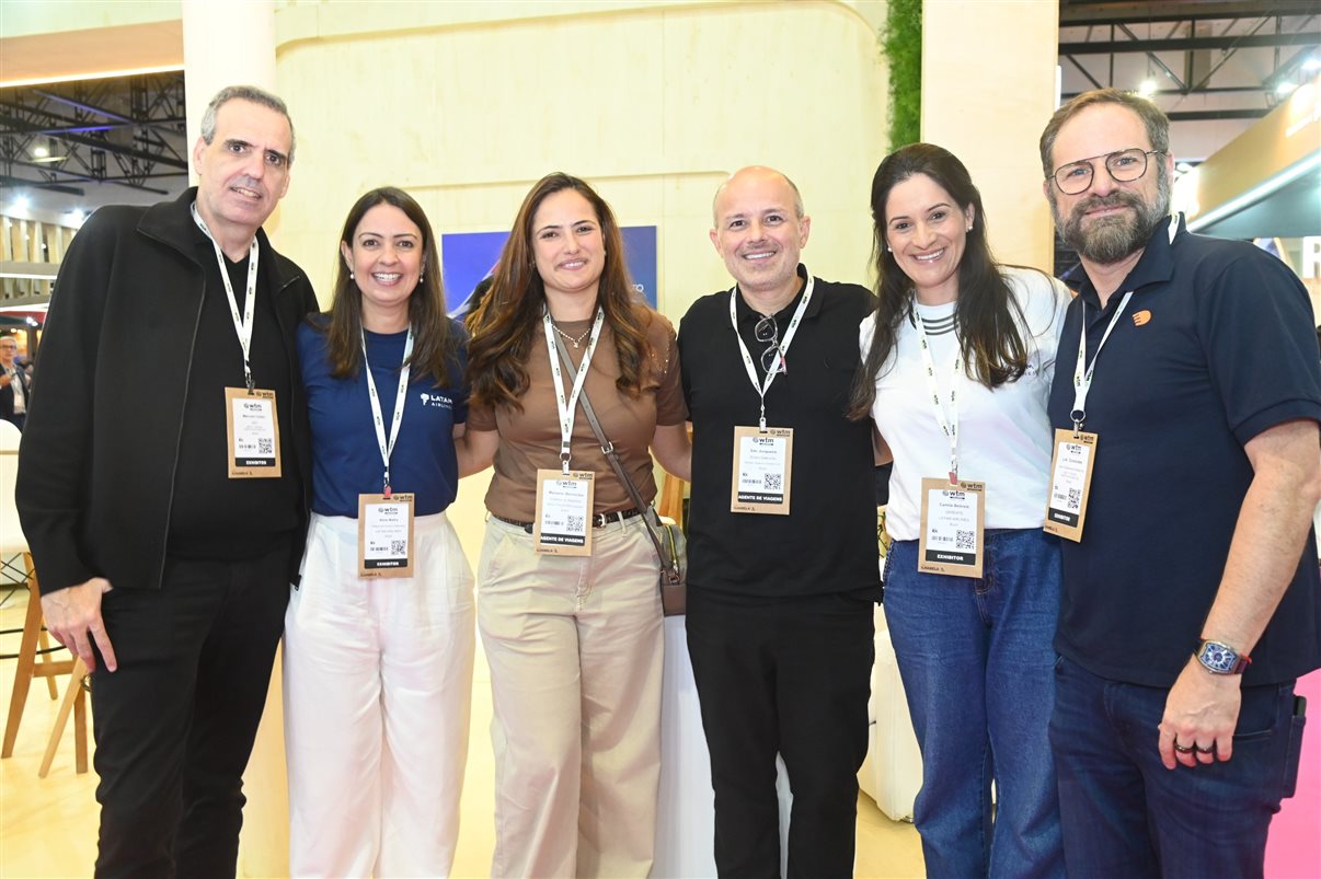 Marcelo Cohen, da BeFly, Aline Mafra, da Latam, Manuela Bernardes, da Flytour Business Travel, Edu Junqueira, da Belvitur, Camila Belinelli, da Latam, e Luti Guimarães, da BeFly