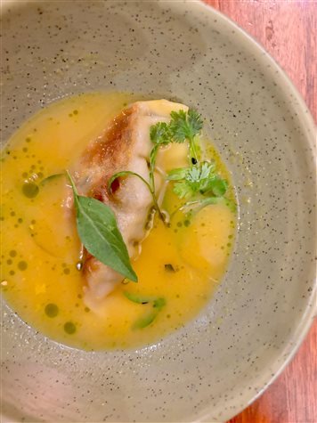 Gyoza de cogumelos com tucupi, uma das entradas do Celeste Restaurante