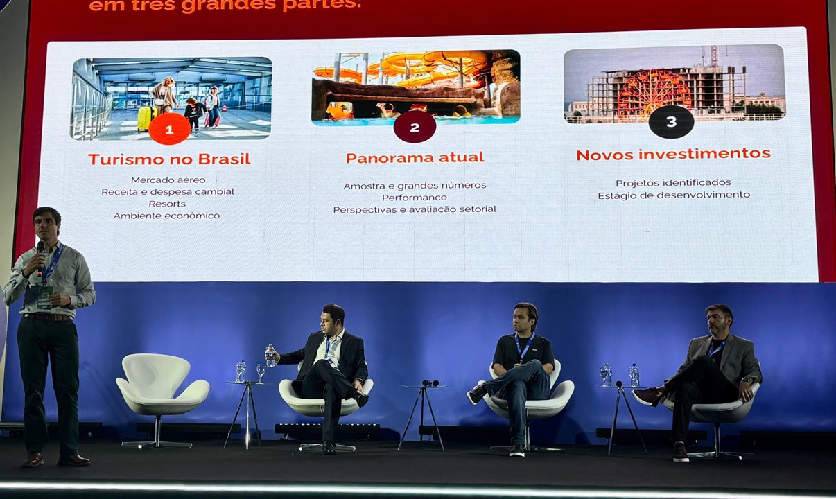 Painel com Pedro Cypriano, da Noctua, Ronaldo Costa Beber, da Gramado Parks, Kiko Buerger, da Oceanic, e Alessandro Cunha, da Aviva