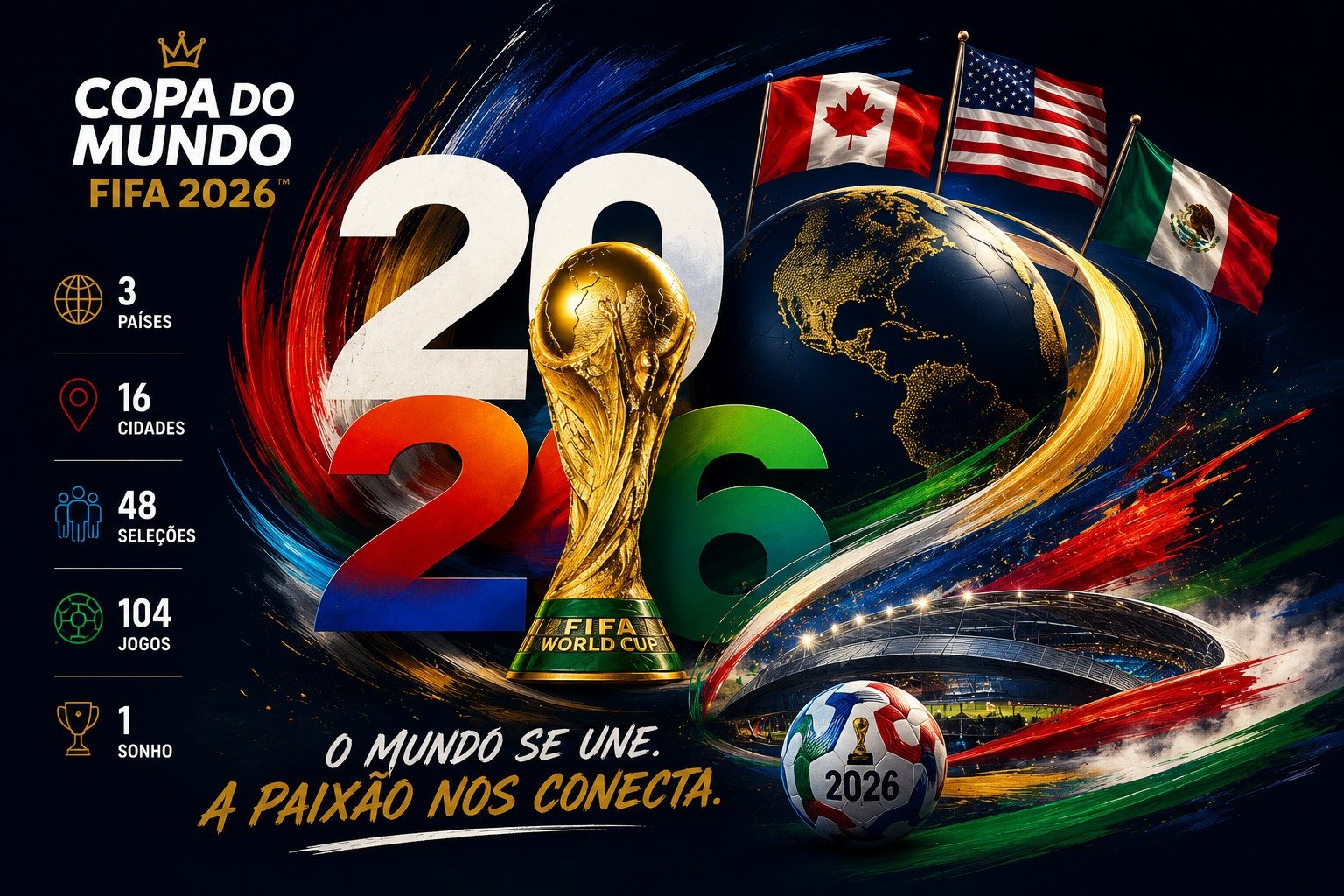 Pela primeira vez, o torneio contará com 48 seleções, 104 partidas e três países-sede