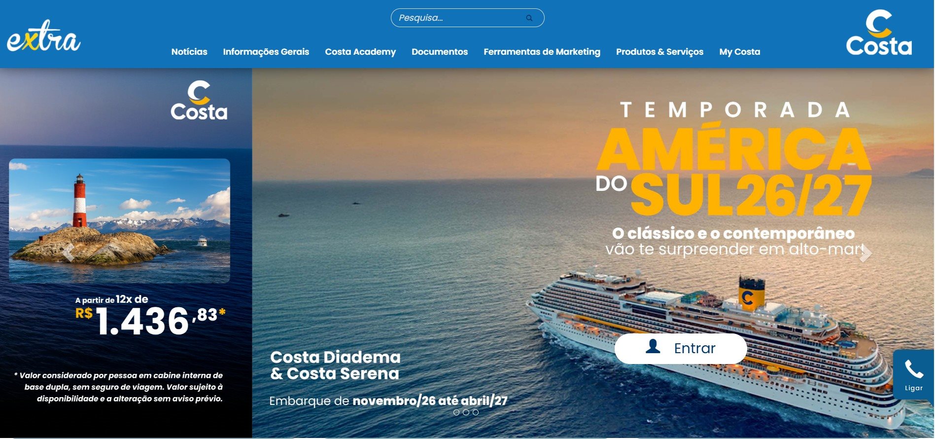 Nova homepage do Costa Extra